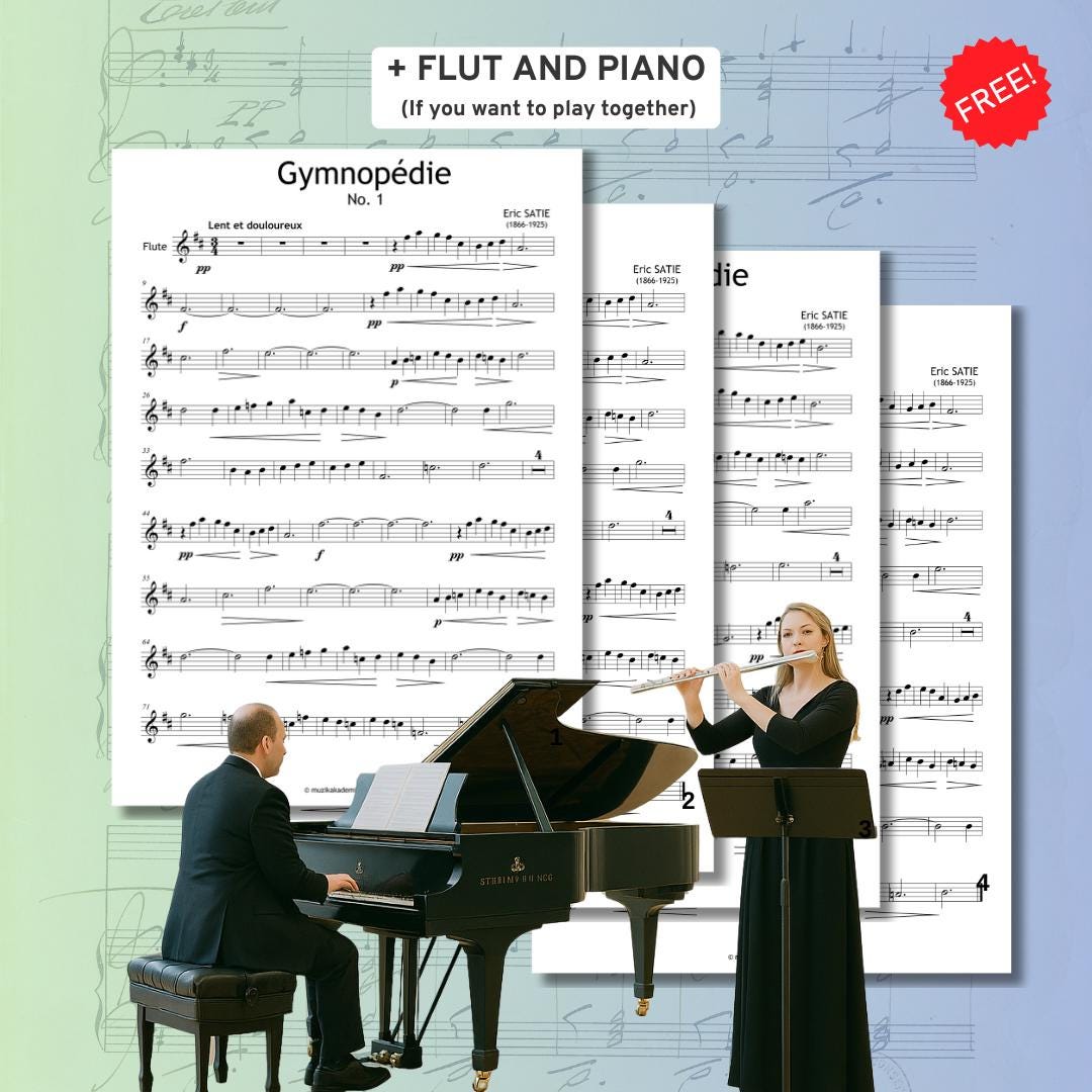 Gymnopédie No. 1 by Erik Satie, Intermediate Piano Sheet Music PDF (Grade 4–5) 4 Versions + MP3, Video, Violin, Flute, Clarinet, Saxophone, All notes in this edition are faithfully transcribed from the composer’s autograph manuscript of Gymnopédie No.1.