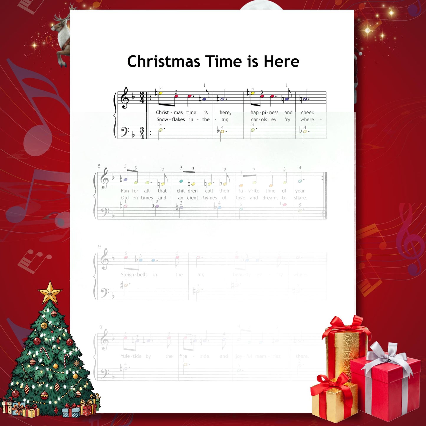 Christmas Time Is Here by Vince Guaraldi downloadable and simplified piano sheet music PDF designed for warm and nostalgic holiday practice aligns with Christmas gifts 2025, featuring printable lyrics, finger numbers, color notes and note-name versions ideal for festive home music time.