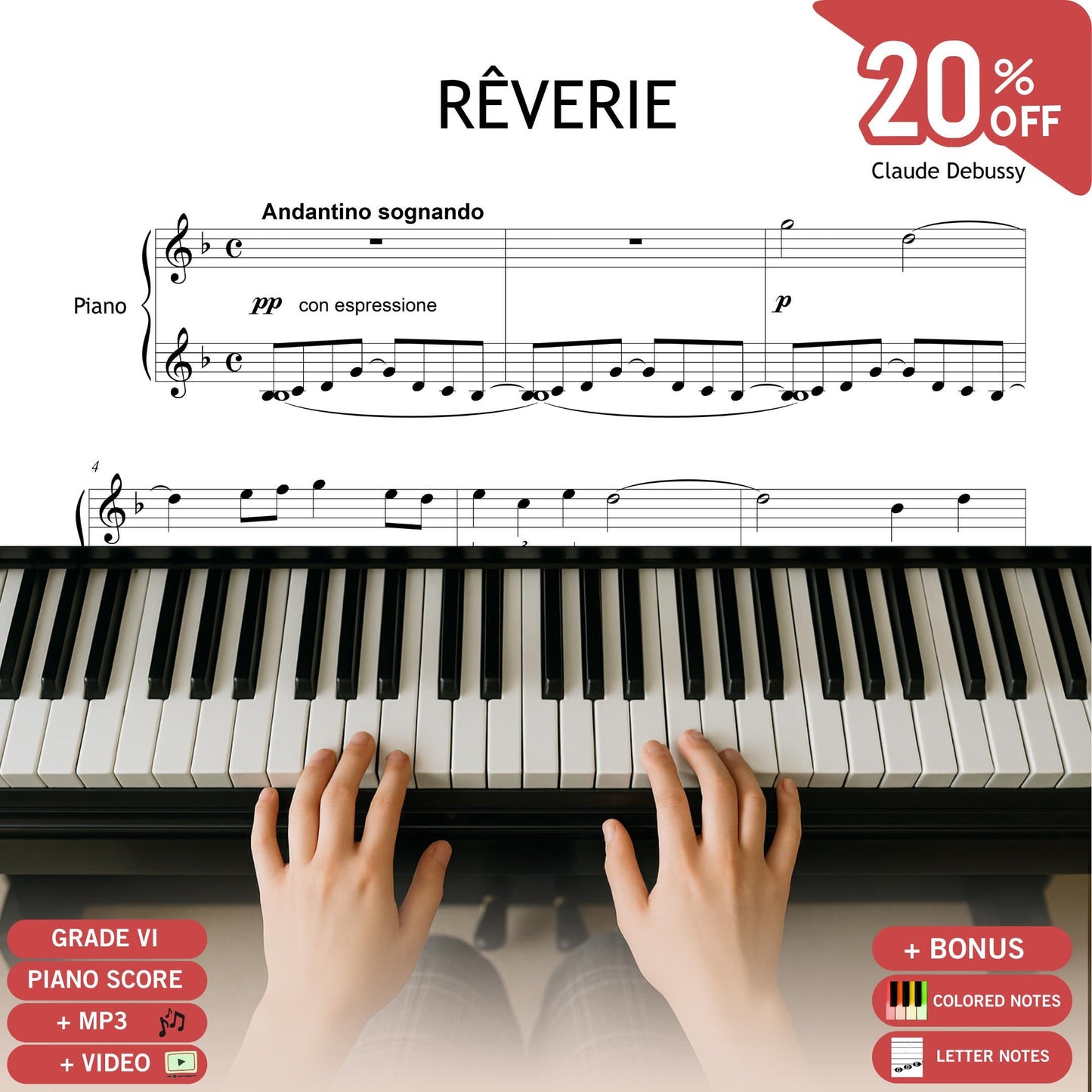 Reverie by Claude Debussy original piano sheet music PDF, Grade 5–6 impressionist score with fingerings and MP3