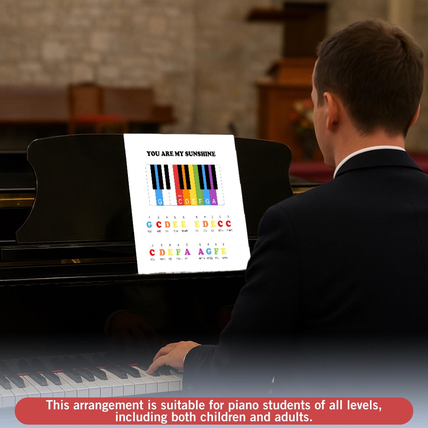 Visual learner version of You Are My Sunshine – piano sheet with colorful notes and large-font note names. Supports rhythm practice and note recognition in a child-friendly format.

Montessori-style You Are My Sunshine piano sheet for kids. Simplified melody with color coding and note names makes music learning fun and accessible for early learners and teachers.