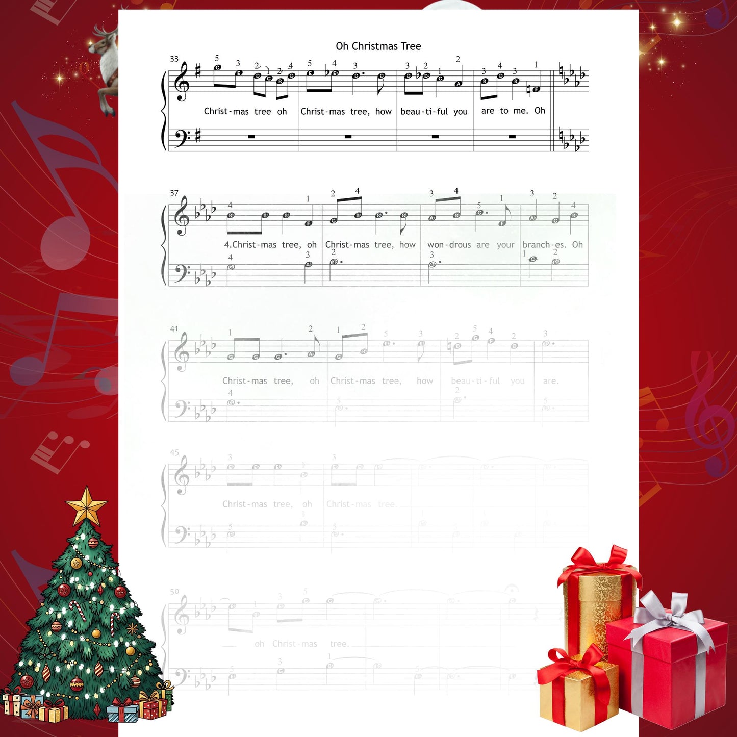 O Christmas Tree (O Tannenbaum) by Traditional downloadable and simplified piano sheet music PDF perfect for festive performances, combining Christmas gifts 2025 instant-use printables with lyrics, finger numbers, note names and color notes designed for Grade 1 learners.