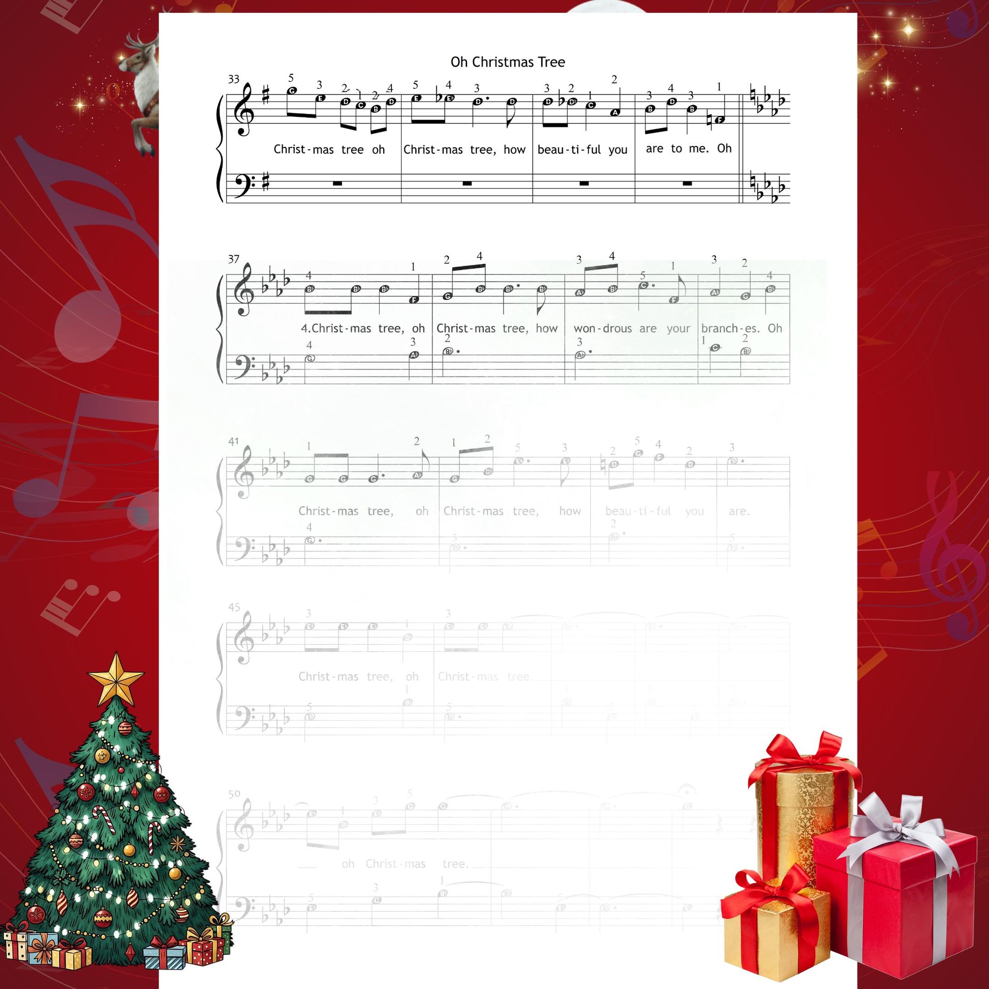 O Christmas Tree (O Tannenbaum) by Traditional downloadable and simplified piano sheet music PDF perfect for festive performances, combining Christmas gifts 2025 instant-use printables with lyrics, finger numbers, note names and color notes designed for Grade 1 learners.