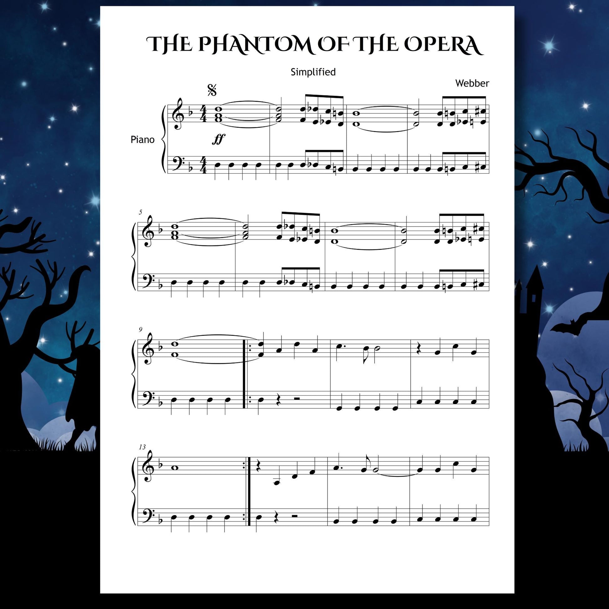 Halloween beginner piano sheet music PDF bundle, Grade 1–2 simplified arrangements of 11 spooky classics: Casper, Addams Family Theme, Ghostbusters, Thriller, Jaws Theme, Funeral March, Funeral March of a Marionette, Danse Macabre, In the Hall of the Mountain King, Phantom of the Opera, and Harry Potter Hedwig’s Theme, with note names, color-coded notes, MP3, and MP4.