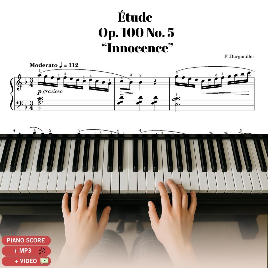 Burgmüller Étude Op. 100 No. 5 “Innocence” downloadable piano sheet music PDF, Grade 2–3 level, charming Romantic-era piece with clean professional score, note names and finger numbers version, color-coded edition, MP3 audio, and MP4 tutorial, perfect for exams or recitals.