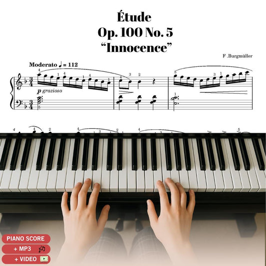 Burgmüller Étude Op. 100 No. 5 “Innocence” downloadable piano sheet music PDF, Grade 2–3 level, charming Romantic-era piece with clean professional score, note names and finger numbers version, color-coded edition, MP3 audio, and MP4 tutorial, perfect for exams or recitals.