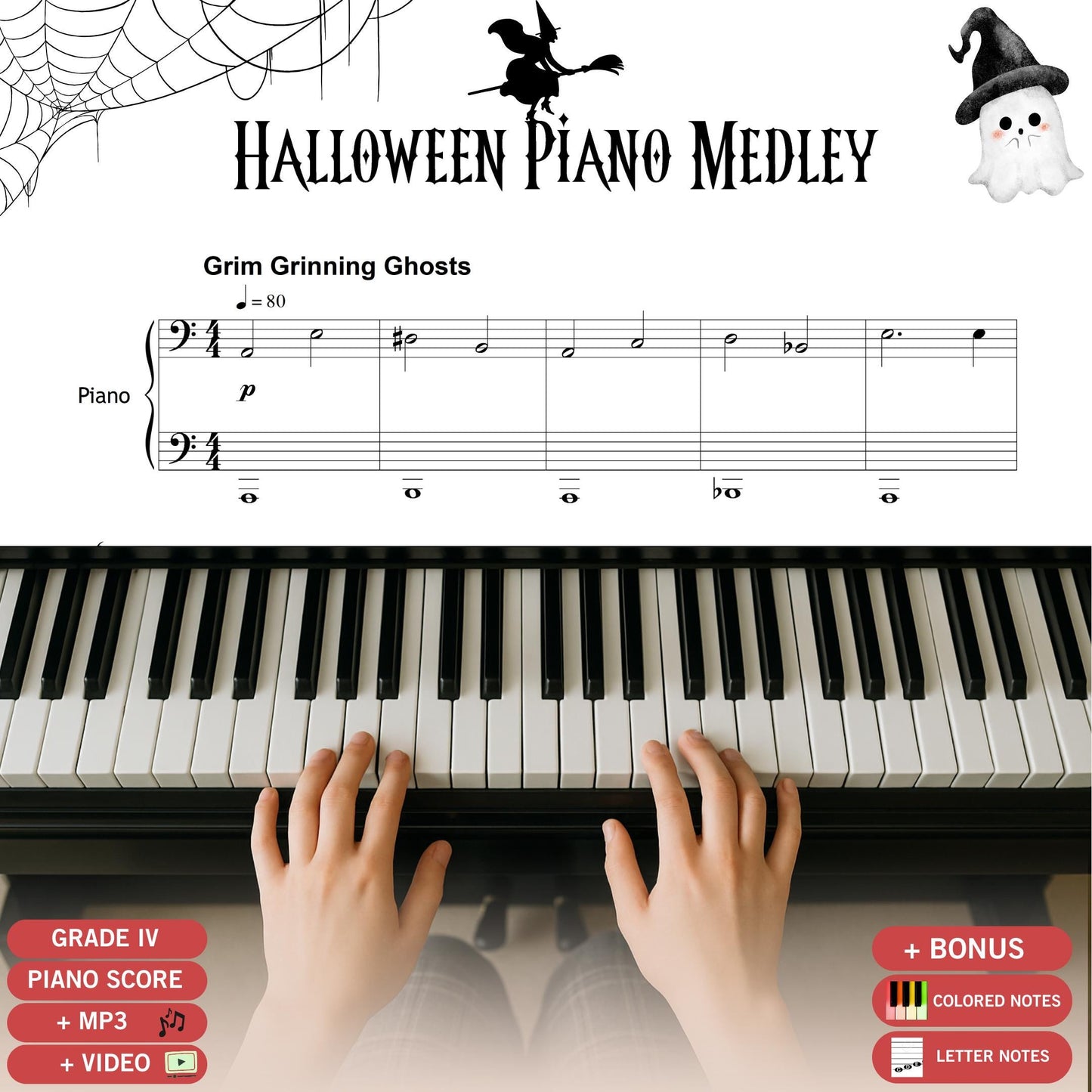 Halloween Piano Medley Grade 4–5 sheet music PDF with 11 spooky themes, simplified for intermediate pianists, includes note names, color-coded notes, MP3 demo tracks, and MP4 tutorial videos, printable and tablet-ready.
