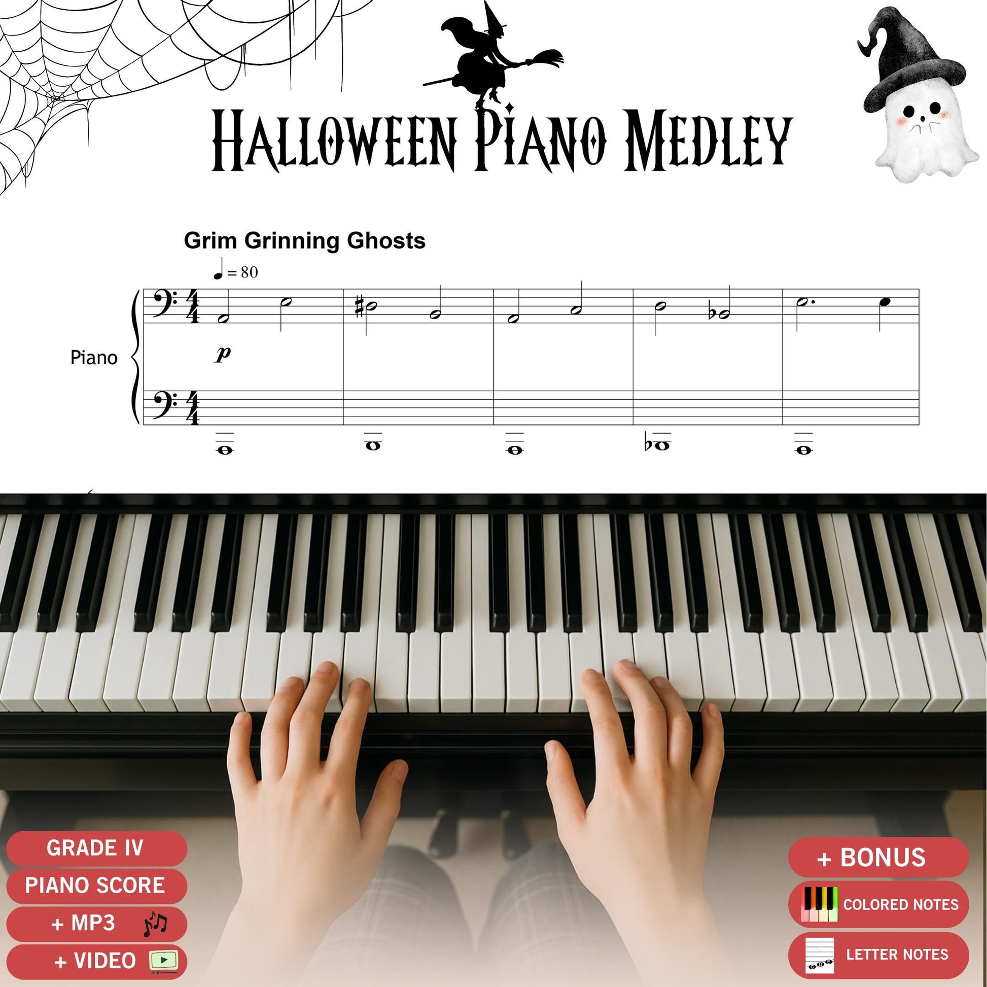 Halloween Piano Medley Grade 4–5 sheet music PDF with 11 spooky themes, simplified for intermediate pianists, includes note names, color-coded notes, MP3 demo tracks, and MP4 tutorial videos, printable and tablet-ready.