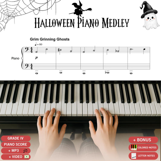 Halloween Piano Medley Grade 4–5 sheet music PDF with 11 spooky themes, simplified for intermediate pianists, includes note names, color-coded notes, MP3 demo tracks, and MP4 tutorial videos, printable and tablet-ready.