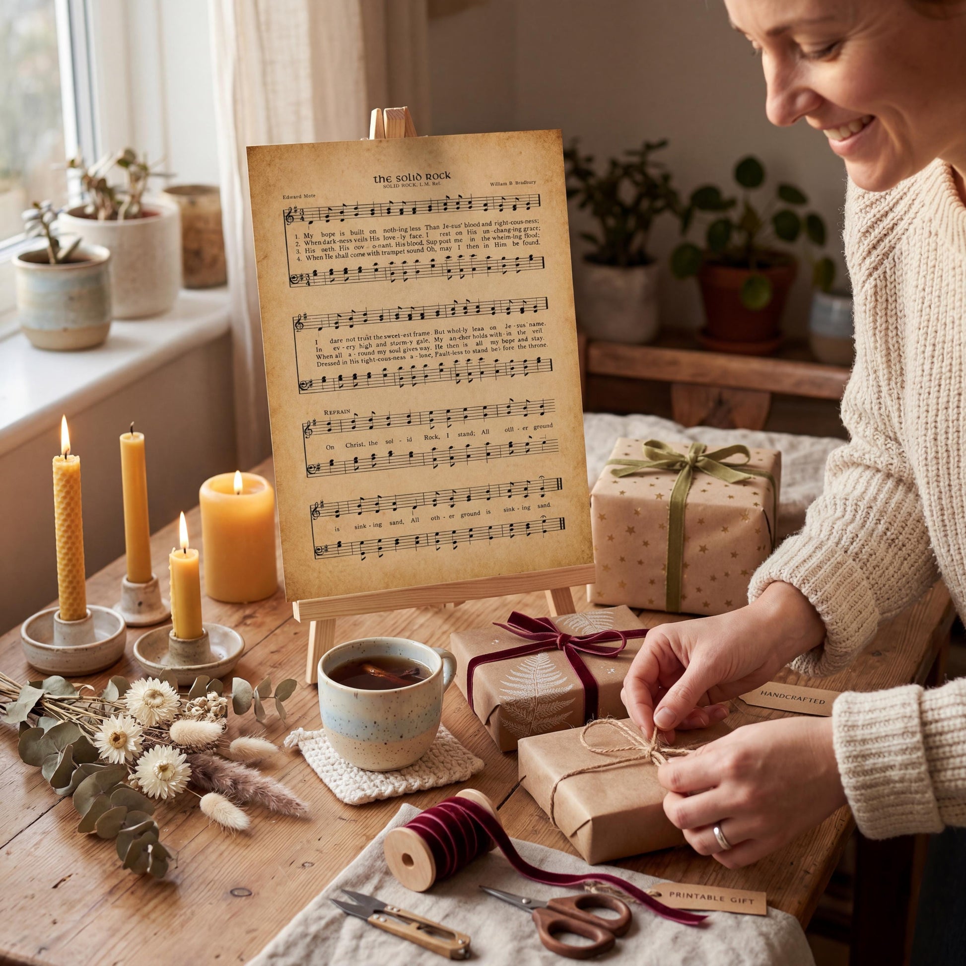 A woman is wrapping a gift with brown paper and tying a bow, surrounded by various items such as candles, flowers, and a sheet of music.