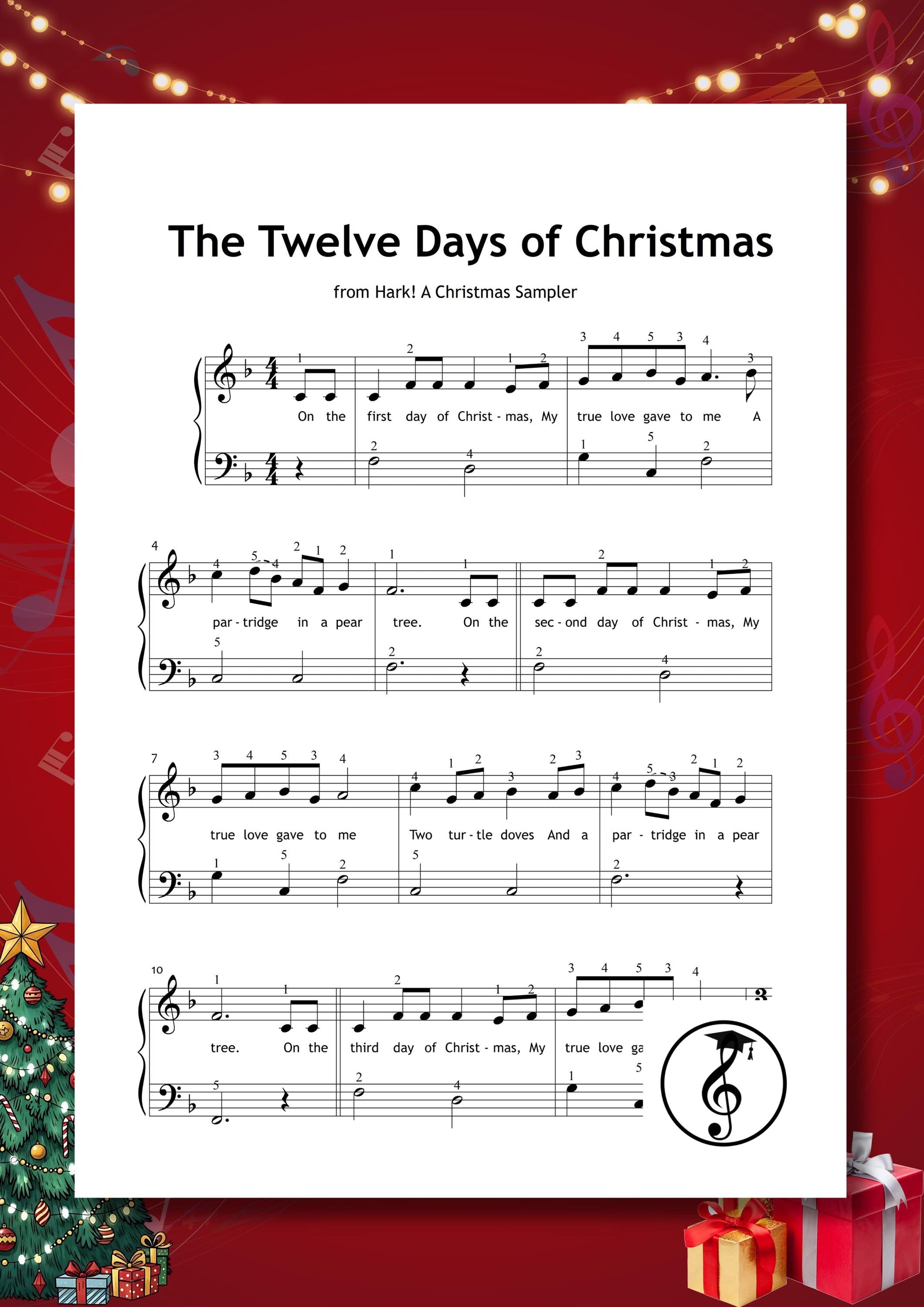Beginner Christmas Piano Music – 30 festive songs with lyrics and finger numbers: Jingle Bells, O Holy Night, Silver Bells, Joy to the World, Feliz Navidad, Deck the Halls, Hallelujah, White Christmas, The First Noel, and Carol of the Bells. Printable PDF instant download Christmas piano album and music gift.