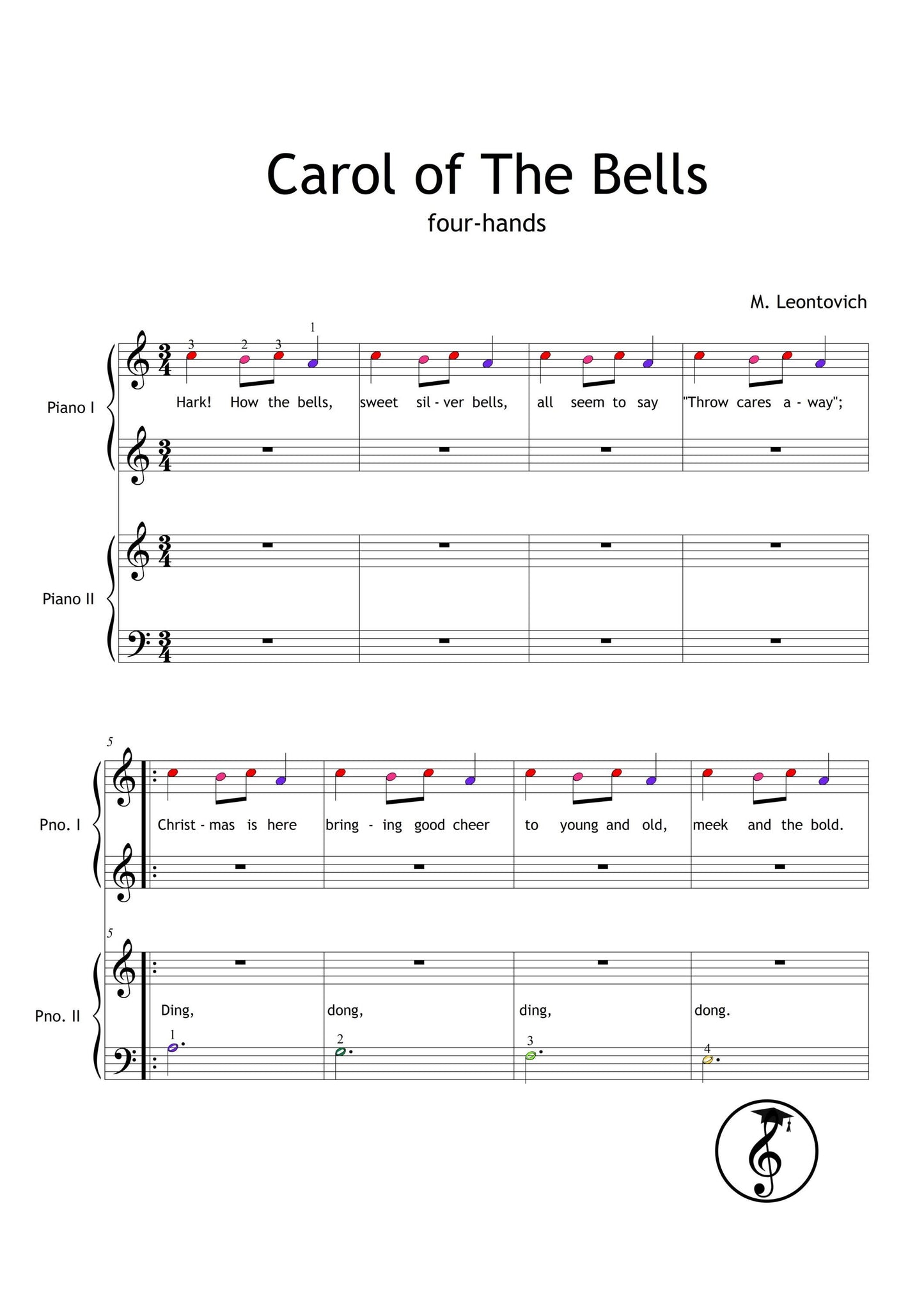 Carol of the Bells by Mykola Leontovych downloadable and simplified piano sheet music PDF offering a beginner-friendly four-hand duet layout, color-coded notation, letter labels, MP3 audio, and an AI-enhanced tutorial for clear holiday learning.