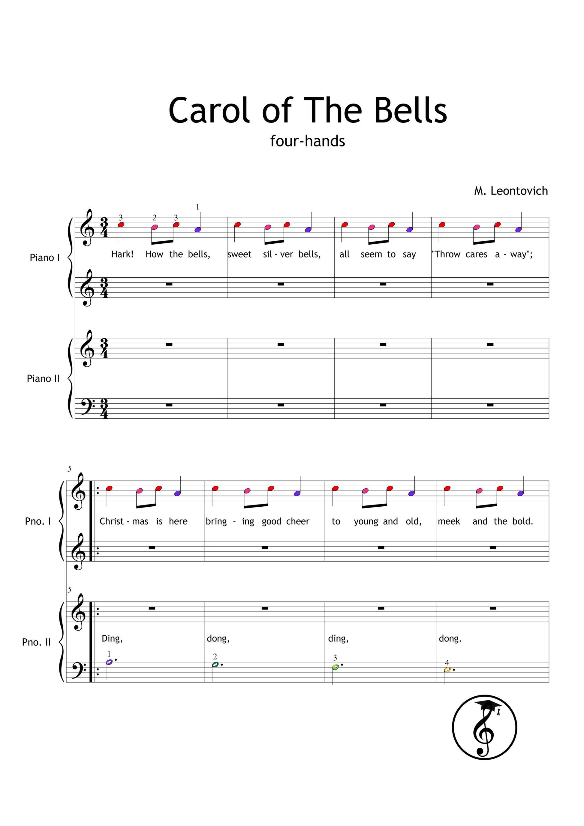 Carol of the Bells by Mykola Leontovych downloadable and simplified piano sheet music PDF offering a beginner-friendly four-hand duet layout, color-coded notation, letter labels, MP3 audio, and an AI-enhanced tutorial for clear holiday learning.