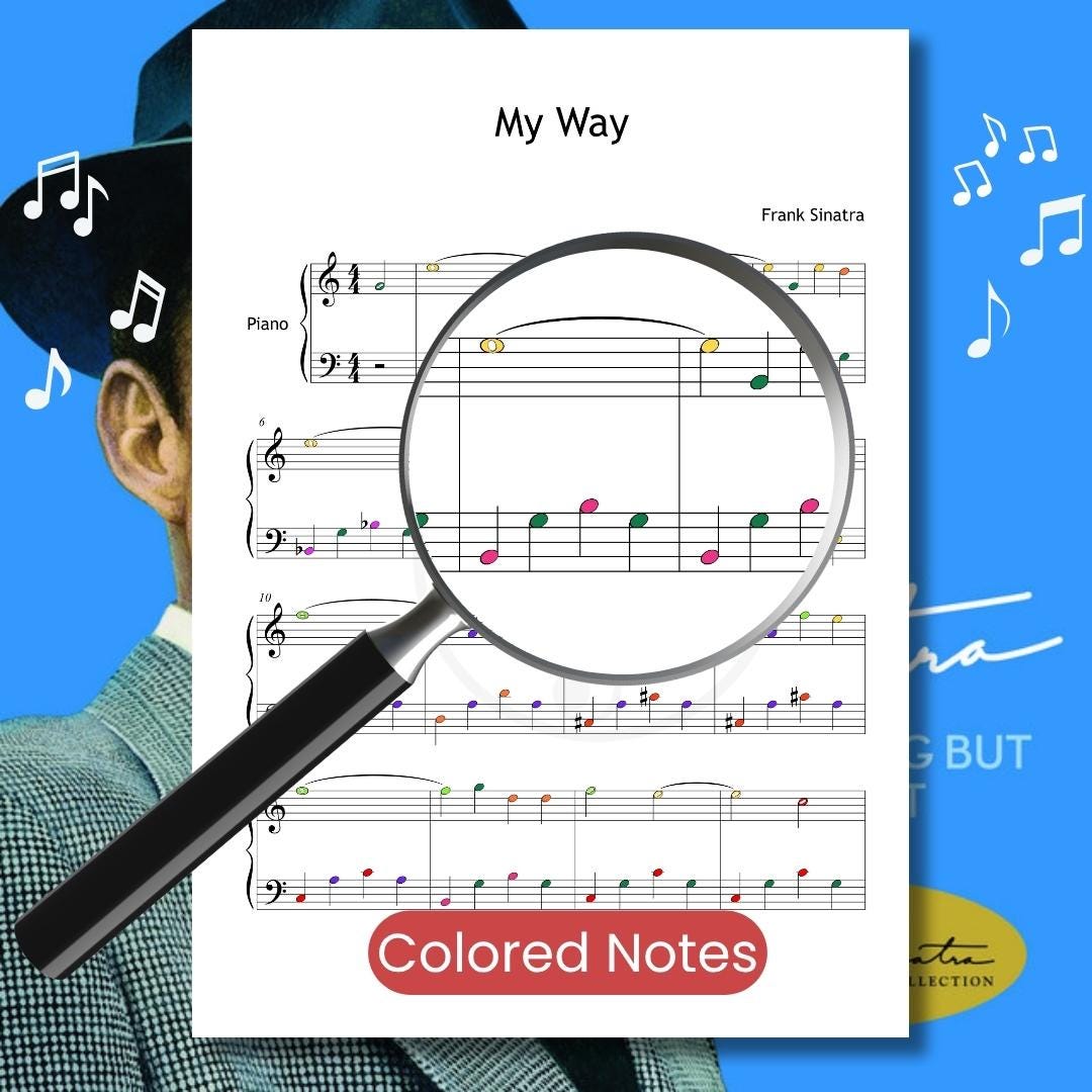 My Way by Frank Sinatra downloadable and simplified piano sheet music PDF in a color-coded Grade 3 edition highlighting visual cues, finger-number placement, and optional note names, engraved from the manuscript for smooth and expressive intermediate-level practice.