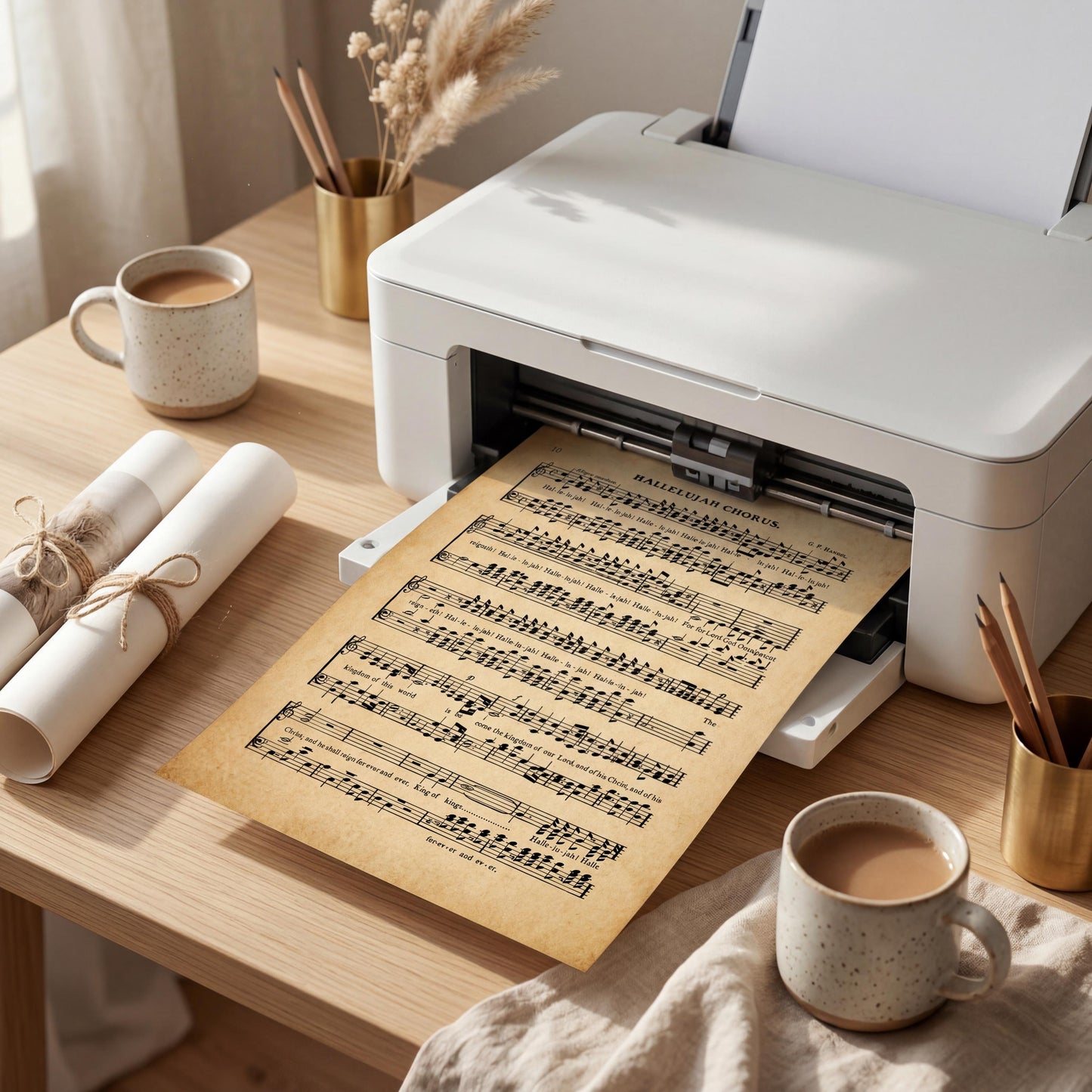 A printer is printing sheet music on a wooden desk, accompanied by coffee cups, a vase with dried flowers, and other office supplies.
