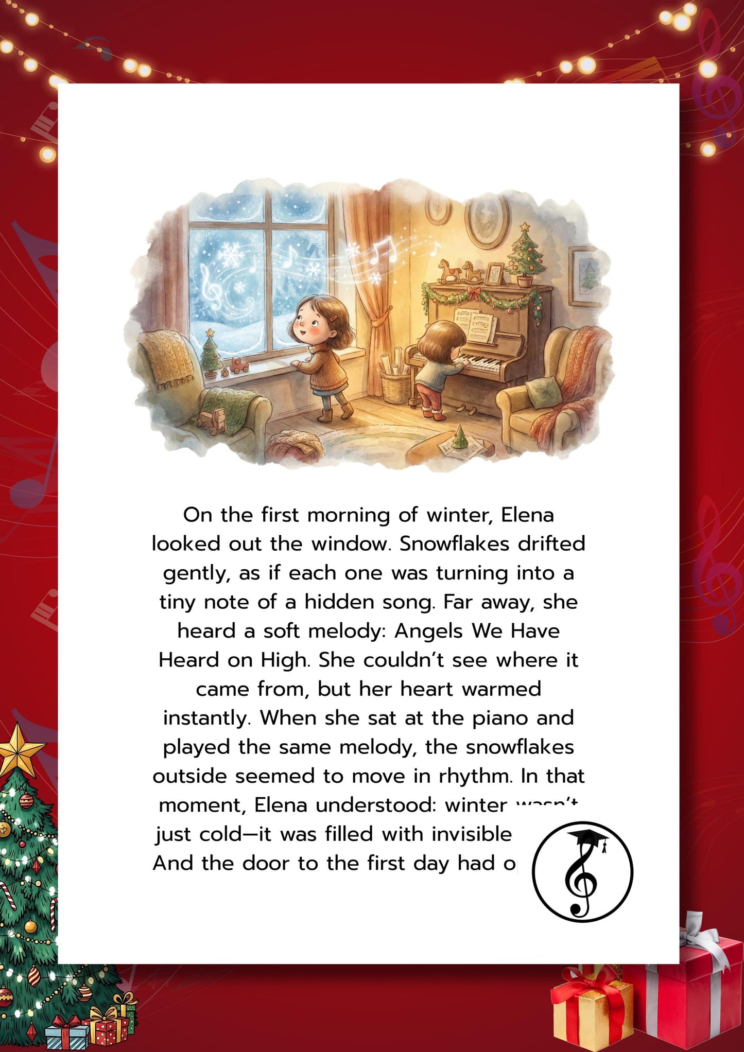 Advent Piano Calendar beginner Christmas piano book featuring 24 simple right-hand melodies, colorful notation, whimsical artwork, and QR practice videos perfect for kids’ December countdown fun.Santa Claus Is Coming to Town, Silver Bells, White Christmas, Christmas Time Is Here, We Wish You a Merry Christmas, Carol of the Bells, The First Noel, Adeste Fideles, For All the Saints, How Great Thou Art, O Holy Night, Once in Royal David’s City, Away in a Manger, What Child Is This, Silent Night