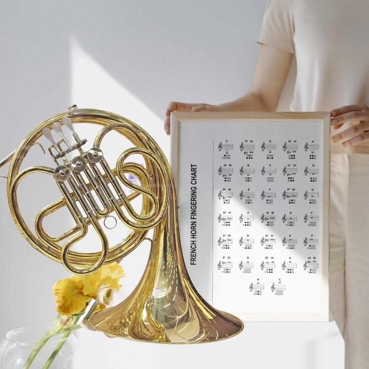 French Horn Fingering Chart educational poster, single-page layout covering the complete range of the French Horn, instantly downloadable as PDF and PNG, suitable for beginners through advanced players, and usable on tablets or printed for classrooms.
