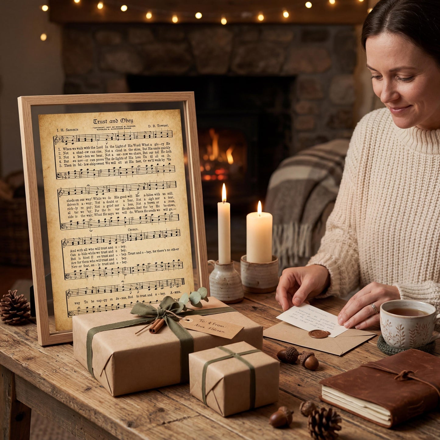 A woman sits at a wooden table, writing a letter while surrounded by wrapped gifts, candles, and other holiday decorations.