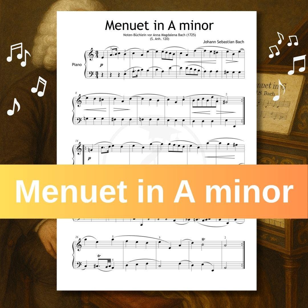 Menuet in A Minor – Johann Sebastian Bach | Grade 4 Baroque Piano Sheet PDF with Finger Numbers and Color-Coded Notes