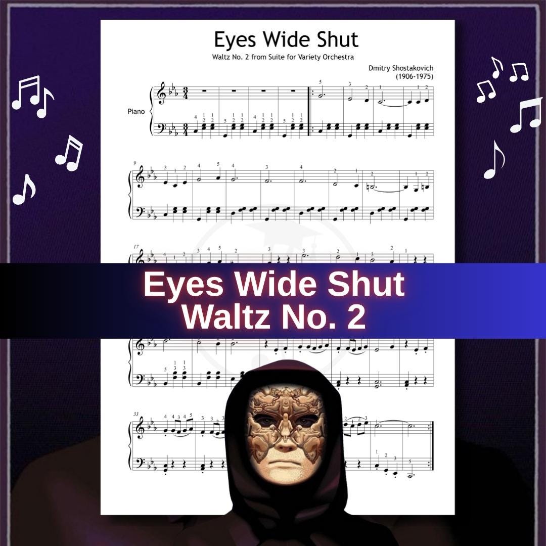 Waltz No. 2 by Dmitri Shostakovich downloadable and simplified piano sheet music PDF shown in a Grade 3–4 layout with finger numbers, color-coded notes, note-name versions, and manuscript-based engraving, designed for expressive learning of this Eyes Wide Shut classic.