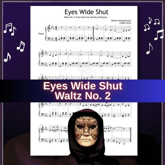 Waltz No. 2 by Dmitri Shostakovich downloadable and simplified piano sheet music PDF shown in a Grade 3–4 layout with finger numbers, color-coded notes, note-name versions, and manuscript-based engraving, designed for expressive learning of this Eyes Wide Shut classic.