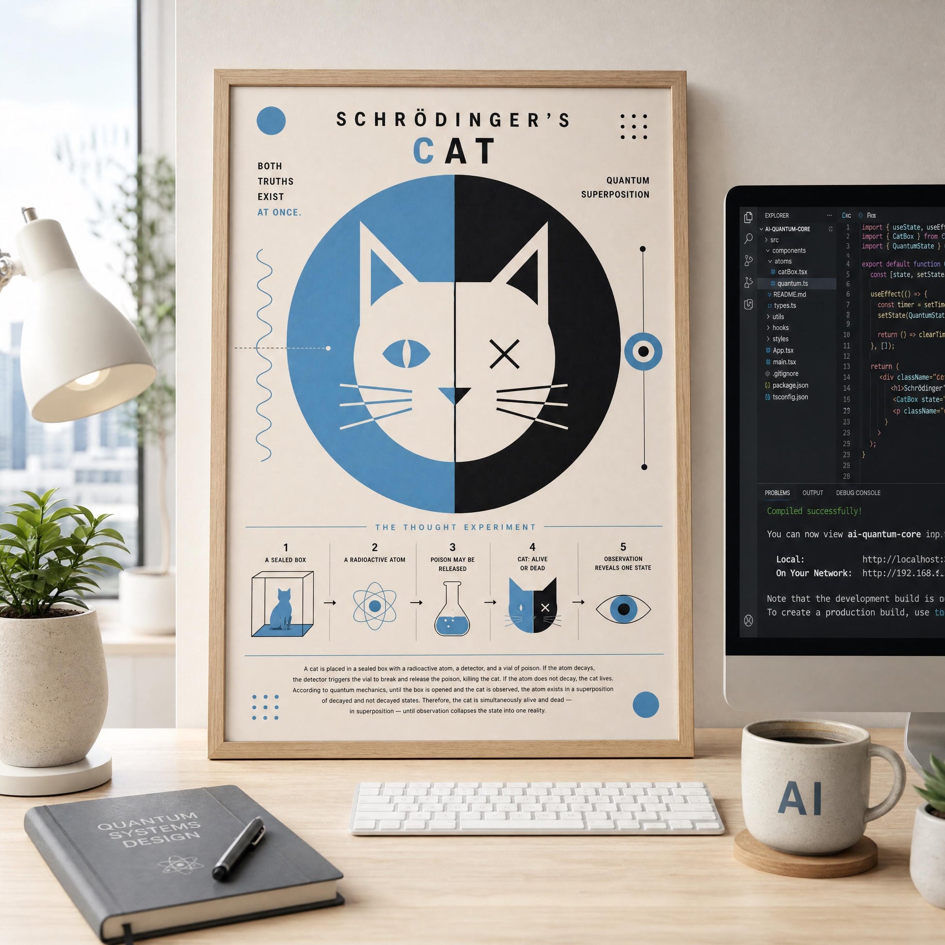 a poster of Schrodinger's Cat, a famous thought experiment by the famous physicist, displayed on a desk with various items such as a computer monitor, keyboard, coffee mug, and a plant.