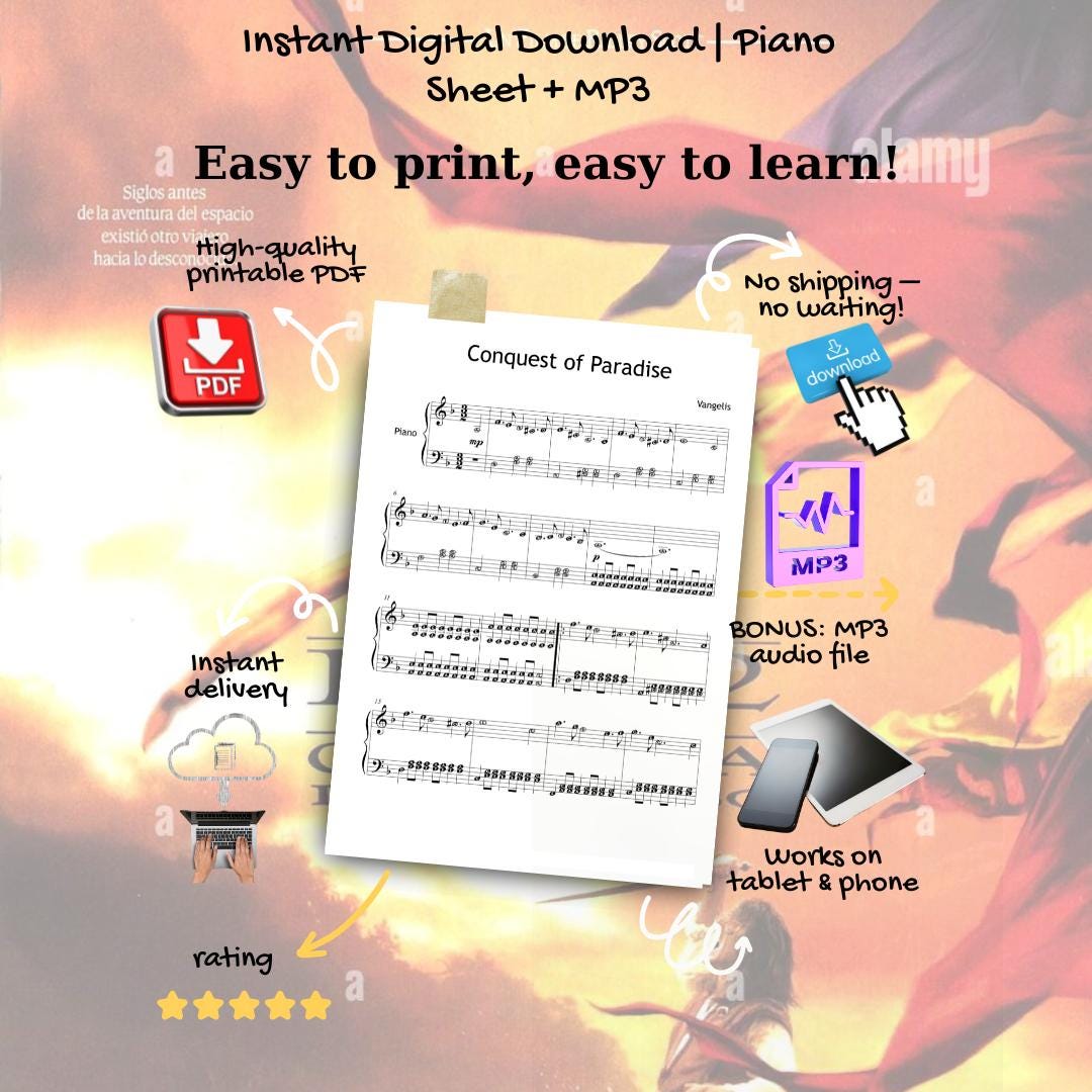 Conquest of Paradise by Vangelis downloadable and simplified piano sheet music PDF shown with the full Grade 3 educational bundle, featuring finger numbers, color-coded notes, note names, and manuscript-based engraving designed to support effective home or classroom learning.