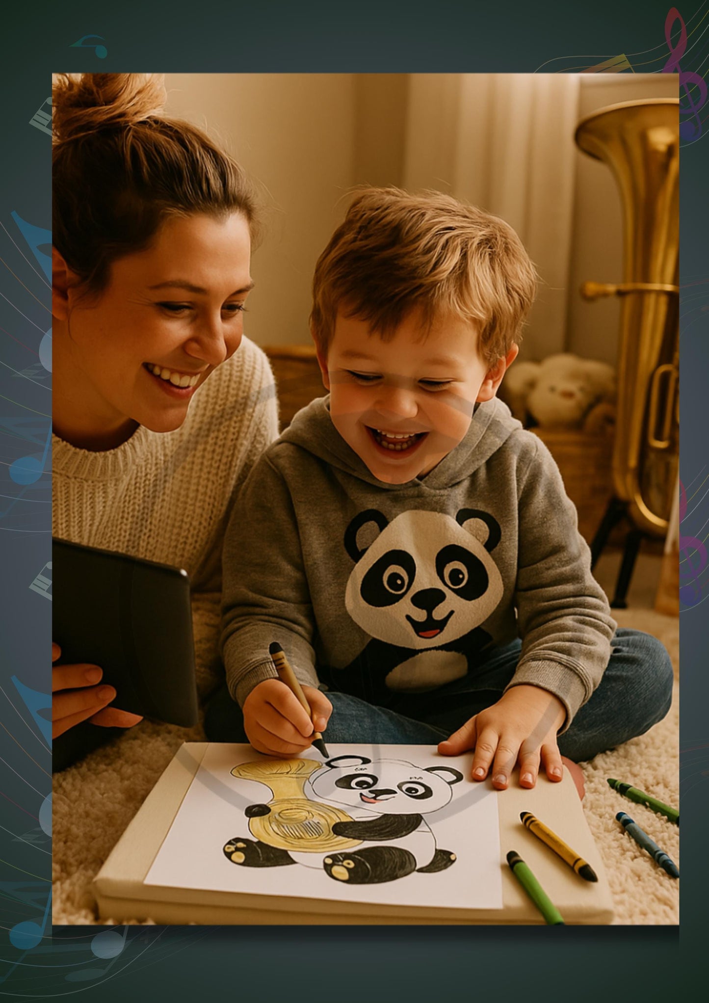 Animals Playing Instruments Coloring Book page illustrated with an animal blowing a trumpet, using bold, child-friendly outlines that encourage creativity and introduce brass instruments to young learners.