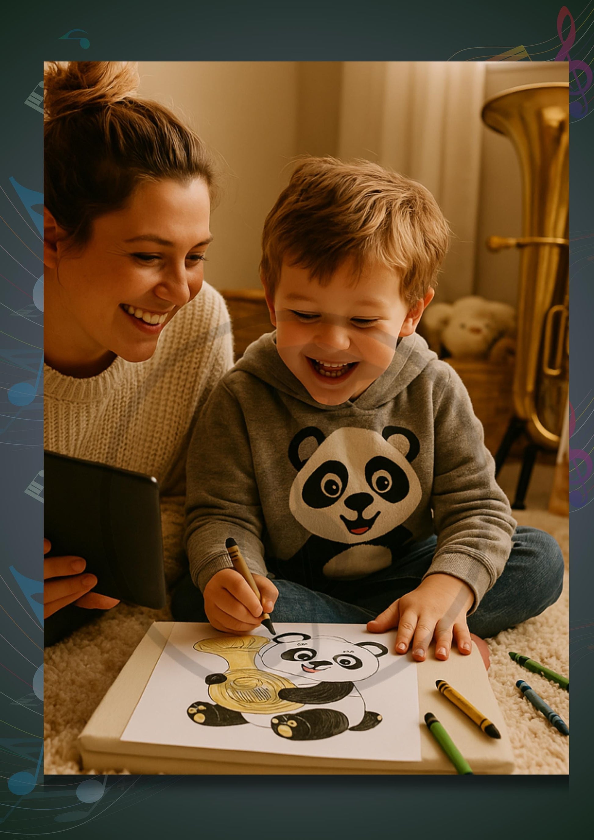 Animals Playing Instruments Coloring Book page illustrated with an animal blowing a trumpet, using bold, child-friendly outlines that encourage creativity and introduce brass instruments to young learners.