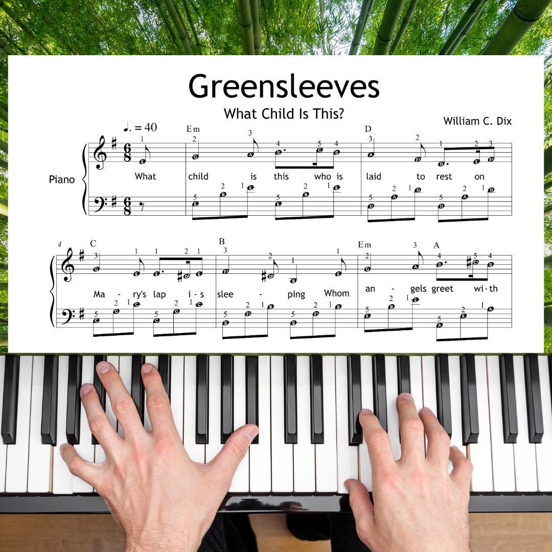 Greensleeves – What Child Is This? printable sheet music PDF tailored for Grade 4 learners with finger numbers carefully placed on each note. Helps young pianists develop correct finger technique. Clear, easy-to-follow sheet designed for efficient skill building.