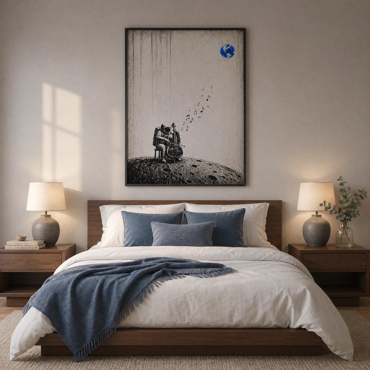 Monochrome astronaut cello wall decor printable featuring moon surface and drifting musical notes toward Earth, conceptual digital artwork for modern design spaces