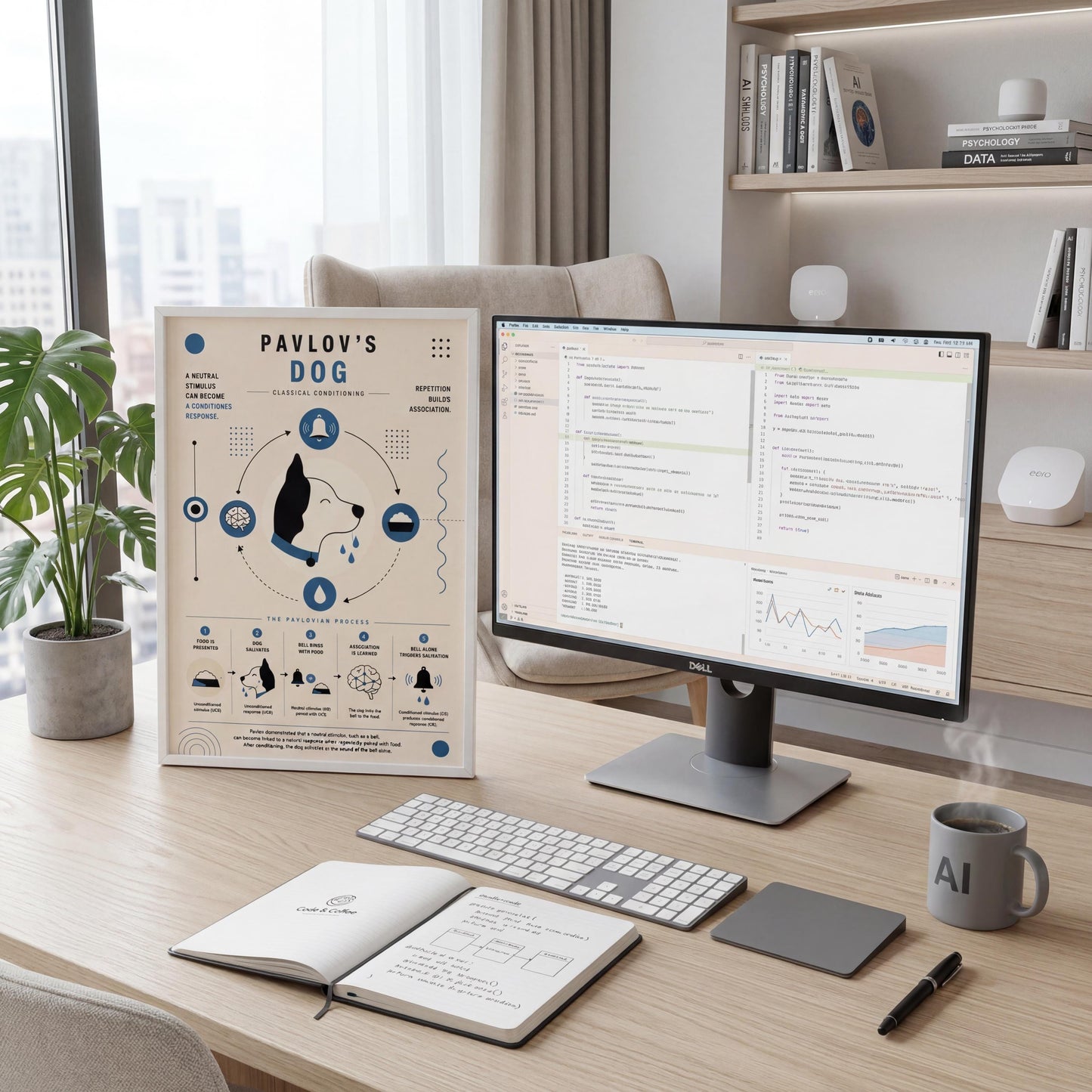 a workspace with a computer monitor, keyboard, and mouse on a desk. There is also a poster or book with a dog illustration and text, as well as a plant and a cup of coffee on the desk.