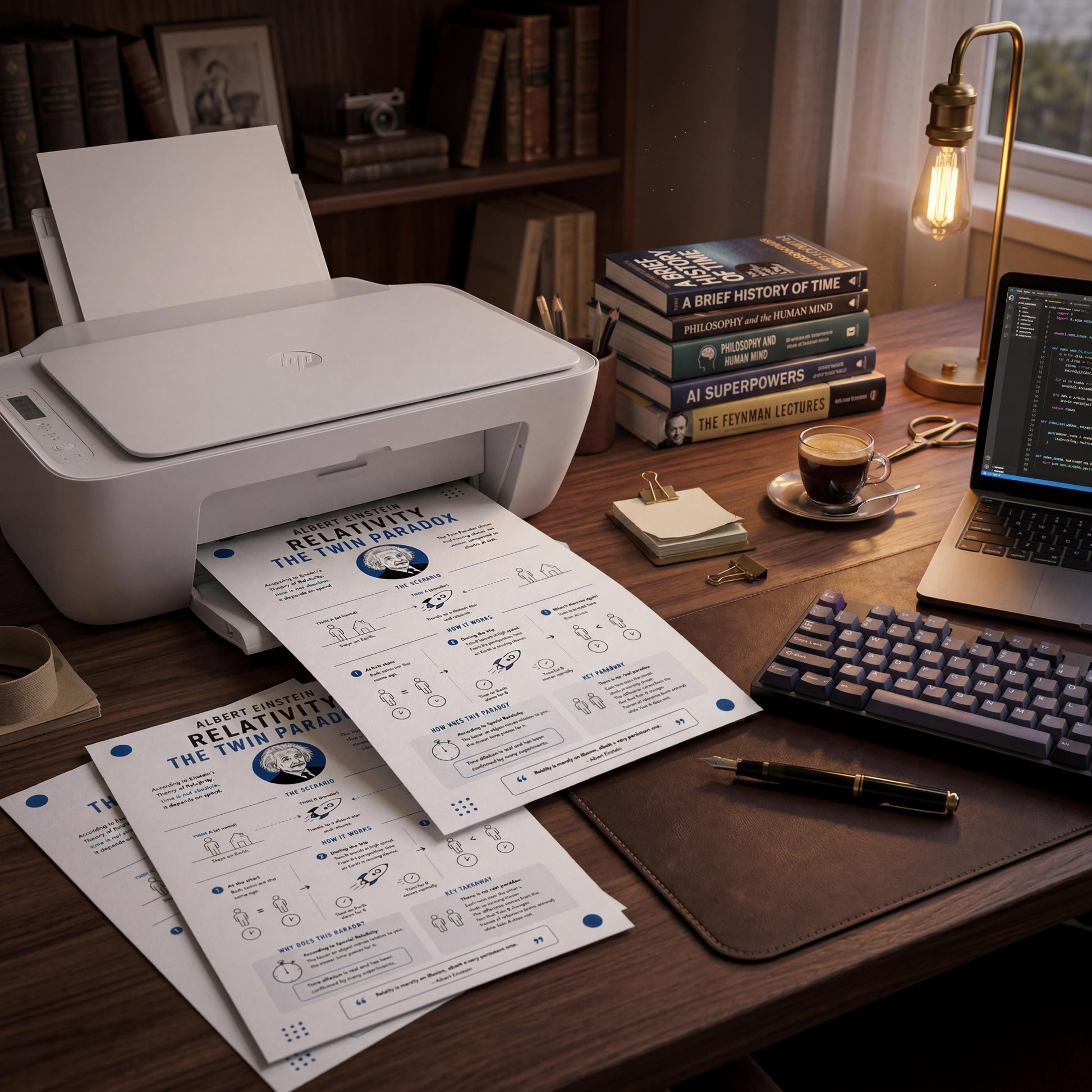 A printer is actively printing documents on a wooden desk, surrounded by books, a laptop, and office supplies.