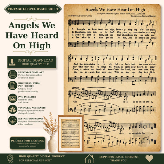 The image is a vintage sheet music and lyrics for a song titled "Angels We Have Heard on High". The sheet music is displayed on the right side, and the lyrics are printed on the left side. The sheet music and lyrics are accompanied by a vintage-style photograph of a plant.