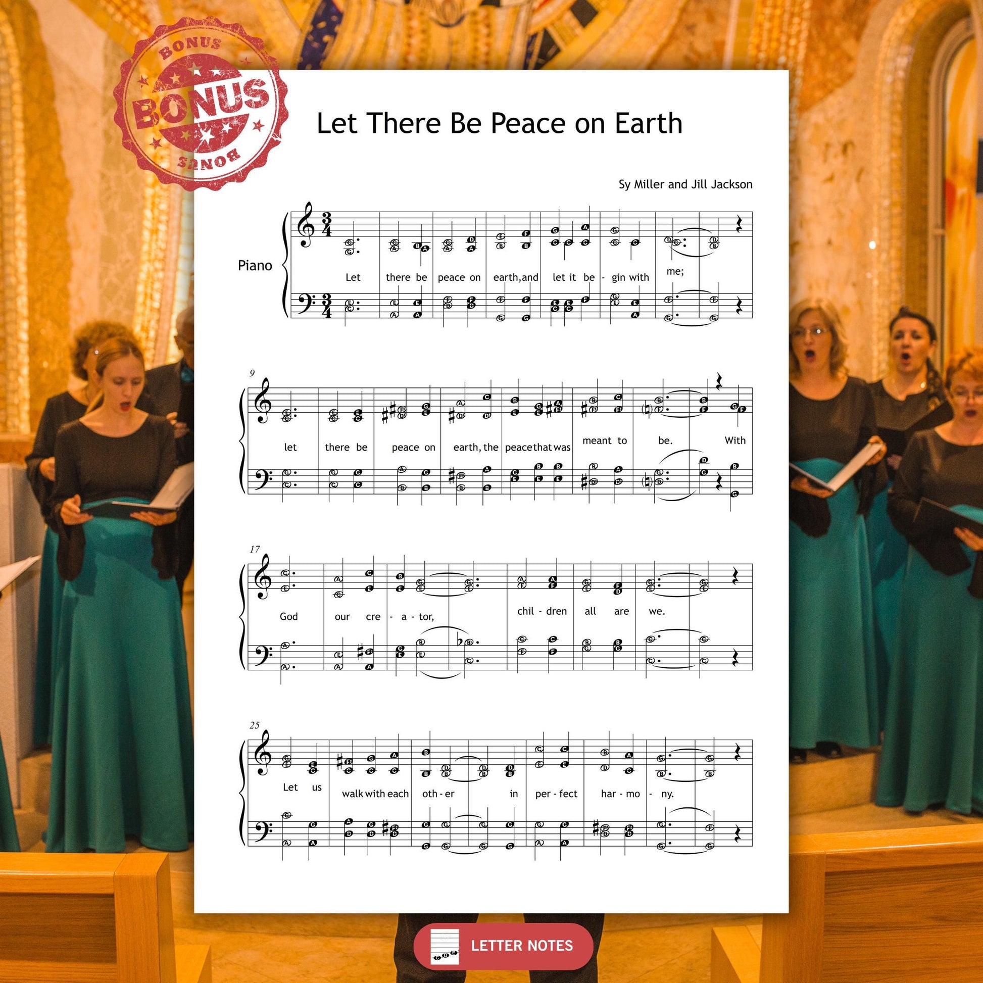 This digital sheet music edition of Let There Be Peace on Earth includes SATB choir harmonies, piano part, and video tutorial.
Great for worship services, youth choirs, and interfaith music events.