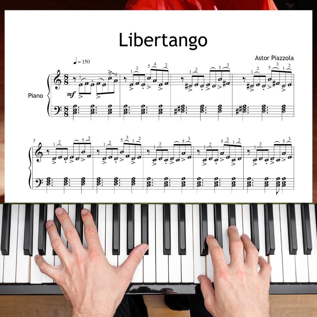 Libertango by Astor Piazzolla downloadable and simplified piano sheet music PDF shown in a dynamic Grade 5 layout with finger numbers, color-coded notes, and note-name versions based on the original handwritten manuscript, designed to help intermediate players feel the authentic tango rhythm and phrasing.