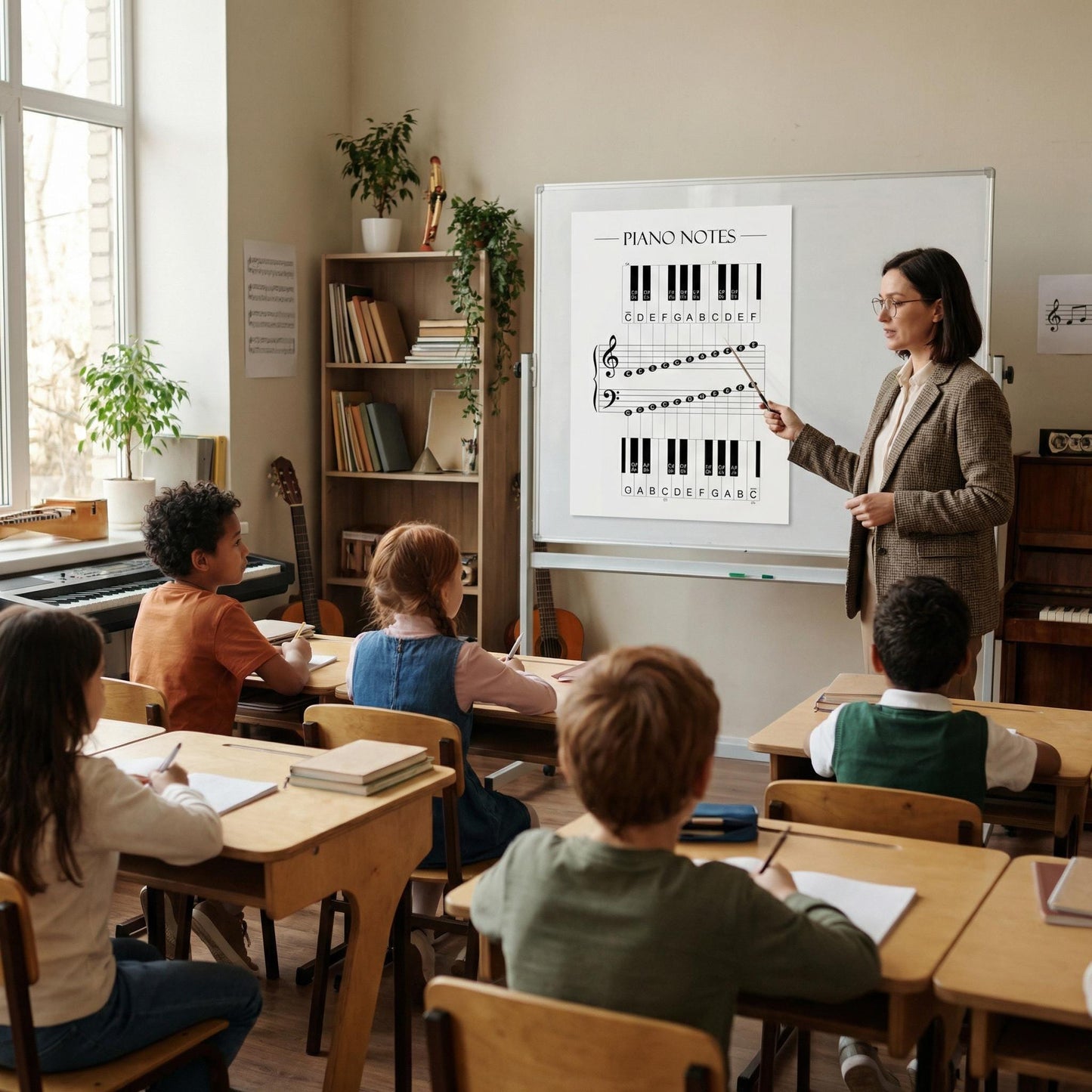 Printable piano notes guide poster designed to help beginners memorize notes on the staff with clear visuals and engaging educational design.