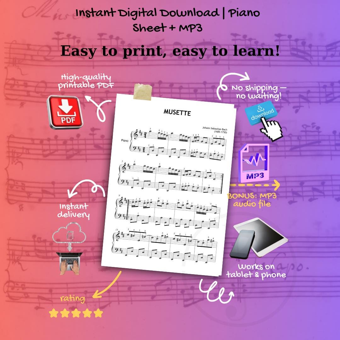 Bach’s Musette - Beginner Piano Sheet Music for Kids & Adults | Grade 2 PDF + Color Notes, Note Names, Tutorial Video, MP3, Manuscript