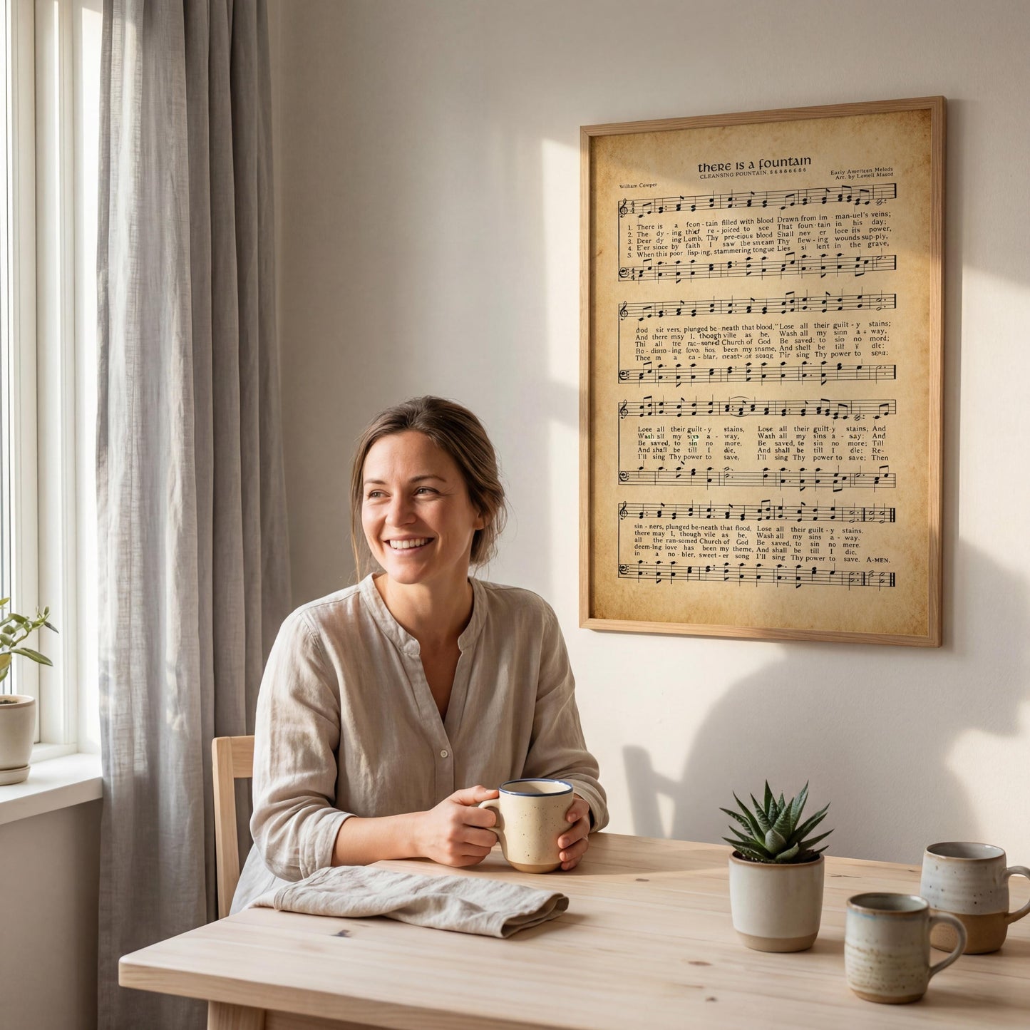 A woman is sitting at a table, smiling and holding a coffee mug, with a framed sheet music poster of a hymn on the wall behind her.