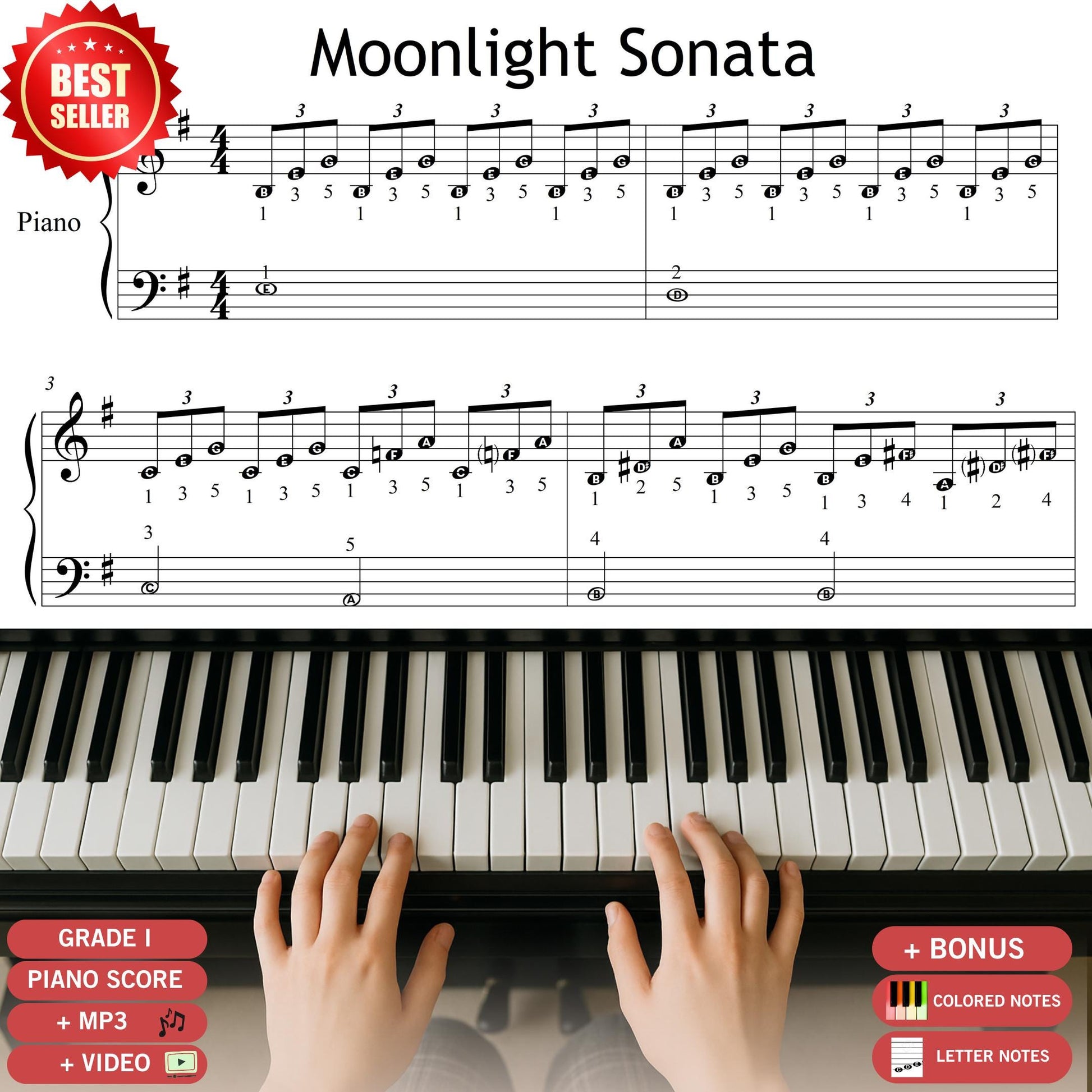 Moonlight Sonata by Ludwig van Beethoven downloadable and simplified piano sheet music PDF, Grade 1 beginner-friendly version with finger numbers, note names, and color-coded notes, printable or tablet-ready, includes MP3 reference audio and video tutorial, perfect for new learners and piano teachers.