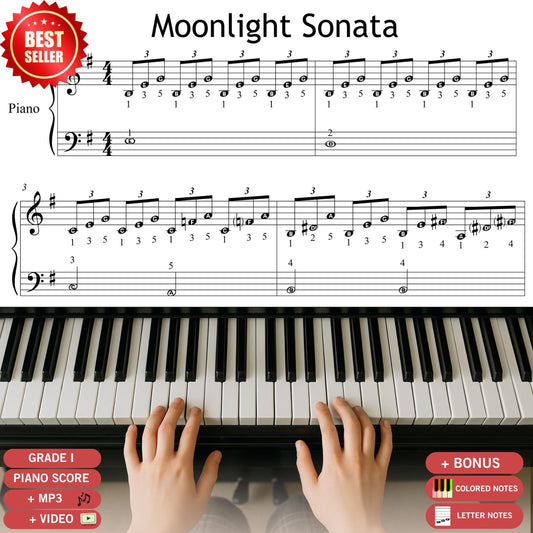 Moonlight Sonata by Ludwig van Beethoven downloadable and simplified piano sheet music PDF, Grade 1 beginner-friendly version with finger numbers, note names, and color-coded notes, printable or tablet-ready, includes MP3 reference audio and video tutorial, perfect for new learners and piano teachers.