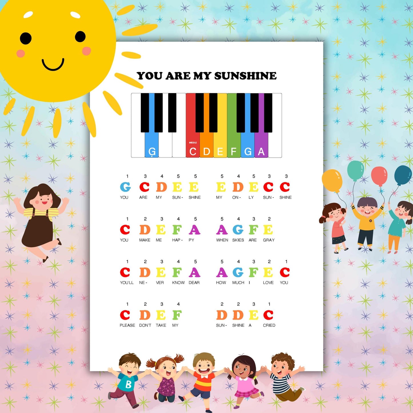 You Are My Sunshine – downloadable and simplified piano sheet music PDF with color-coded notes and letter names for beginner kids. Designed for easy one-hand playing and early musical development. Printable and ideal for preschool or homeschool use.