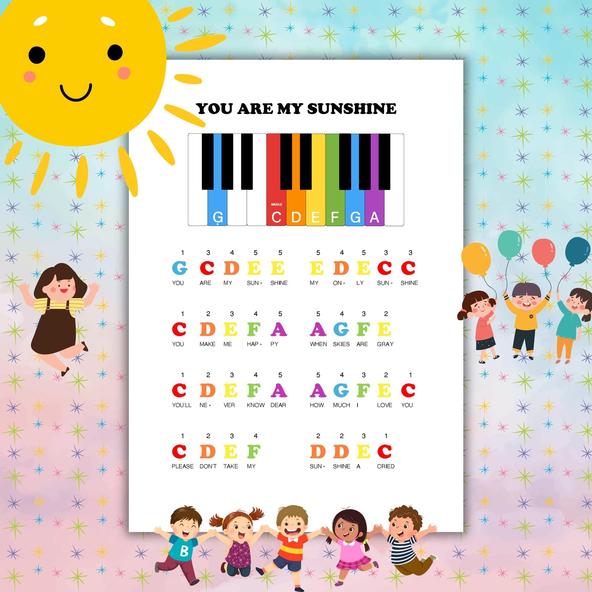 You Are My Sunshine – downloadable and simplified piano sheet music PDF with color-coded notes and letter names for beginner kids. Designed for easy one-hand playing and early musical development. Printable and ideal for preschool or homeschool use.