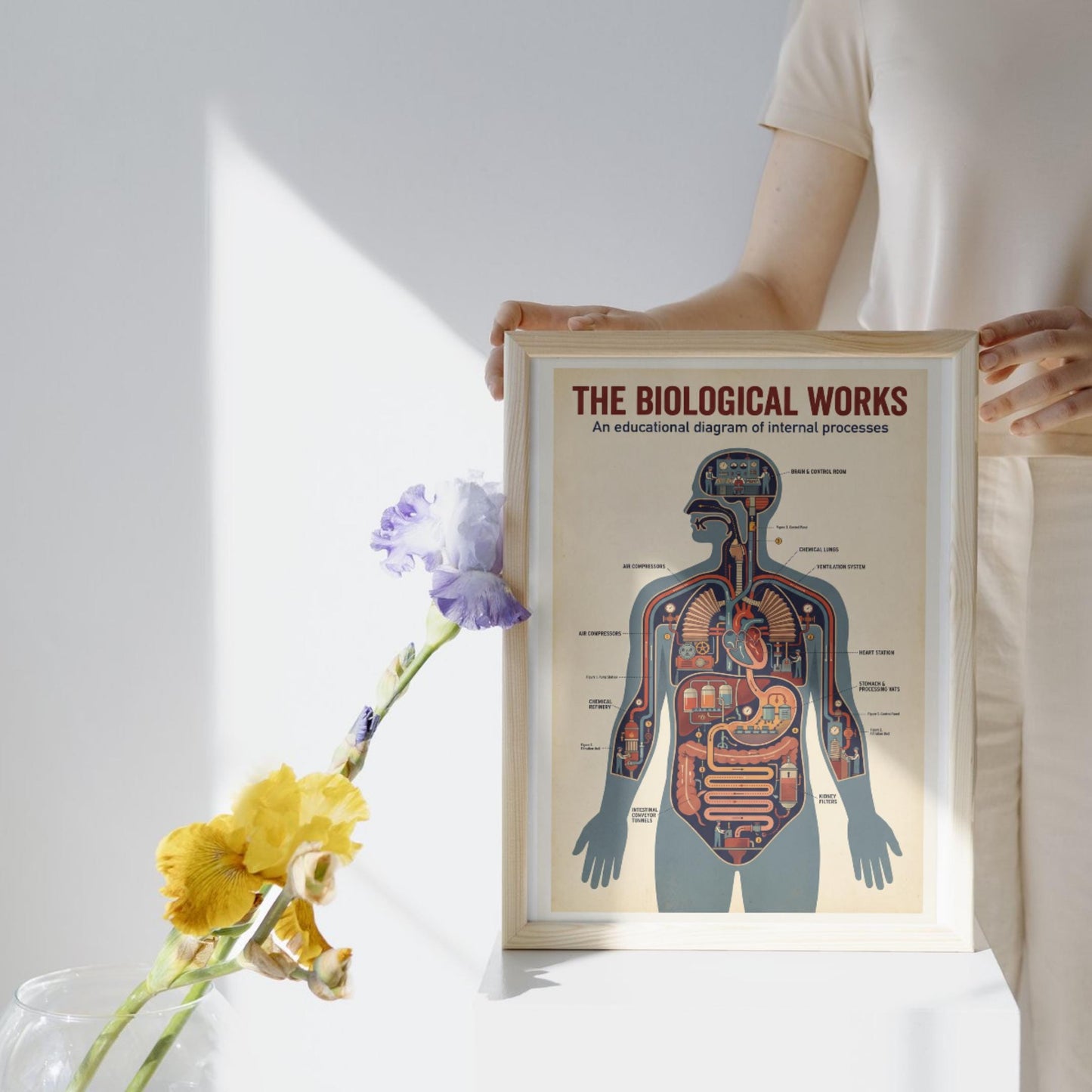Retro educational science poster PDF showing the human body as a mechanical network, with clear visual hierarchy and sharp details suitable for high-resolution wall art printing.