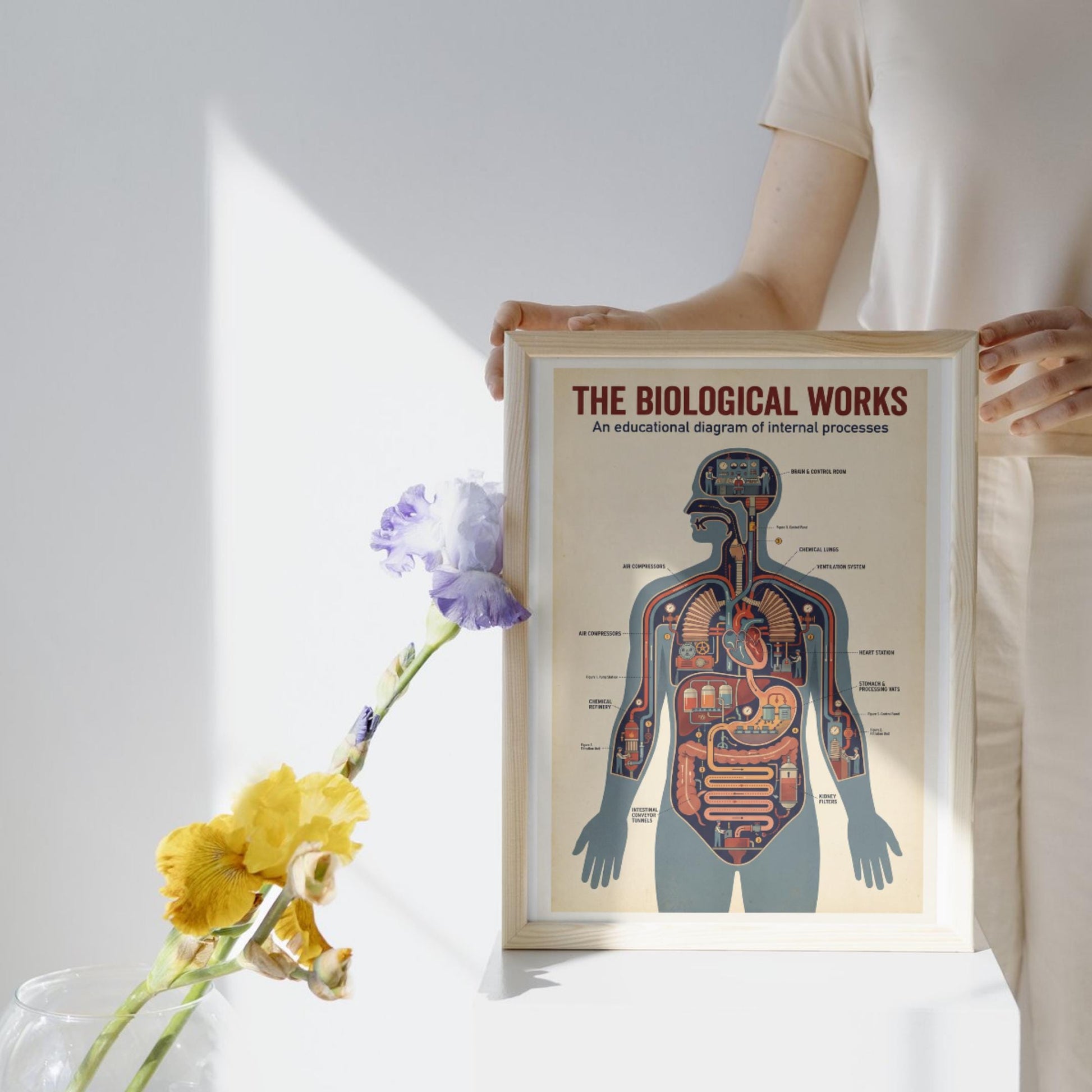 Retro educational science poster PDF showing the human body as a mechanical network, with clear visual hierarchy and sharp details suitable for high-resolution wall art printing.