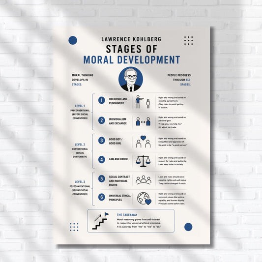 The image is a poster titled "LAWRENCE Kohlberg STAGES OF MORAL DEVELOPMENT" that outlines the six stages of moral development according to Kohlberg's theory. The poster includes a blue and white color scheme, with a portrait of Kohlberg and various icons representing different stages of moral development. The poster is set against a white brick wall background.