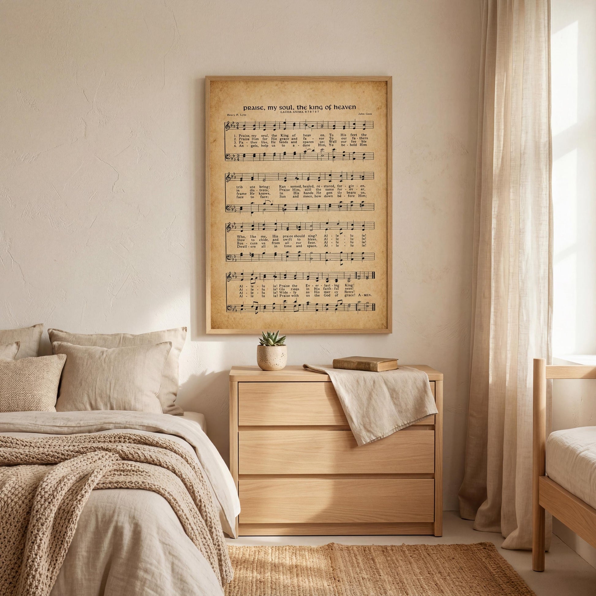 A bedroom with a bed, dresser, and a framed sheet of music hanging on the wall.