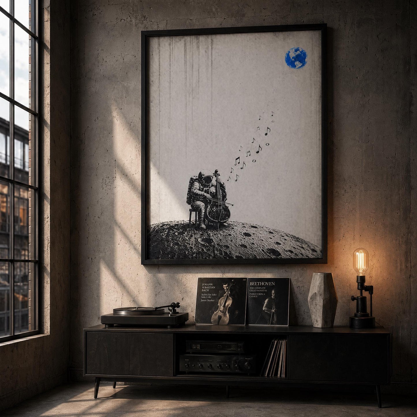 Minimalist astronaut cello print moon wall art digital download with high contrast illustration and floating notes, perfect for gallery walls and music-inspired interiors