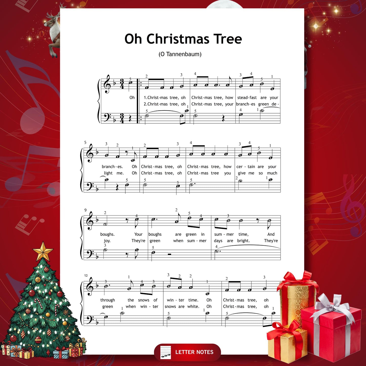 O Christmas Tree (O Tannenbaum) by Traditional downloadable and simplified piano sheet music PDF aligned with Christmas gifts 2025 search trends, offering a fun Christmas printable worksheet for Grade 1 learners with lyrics, finger numbers, note names and color-coded notation.