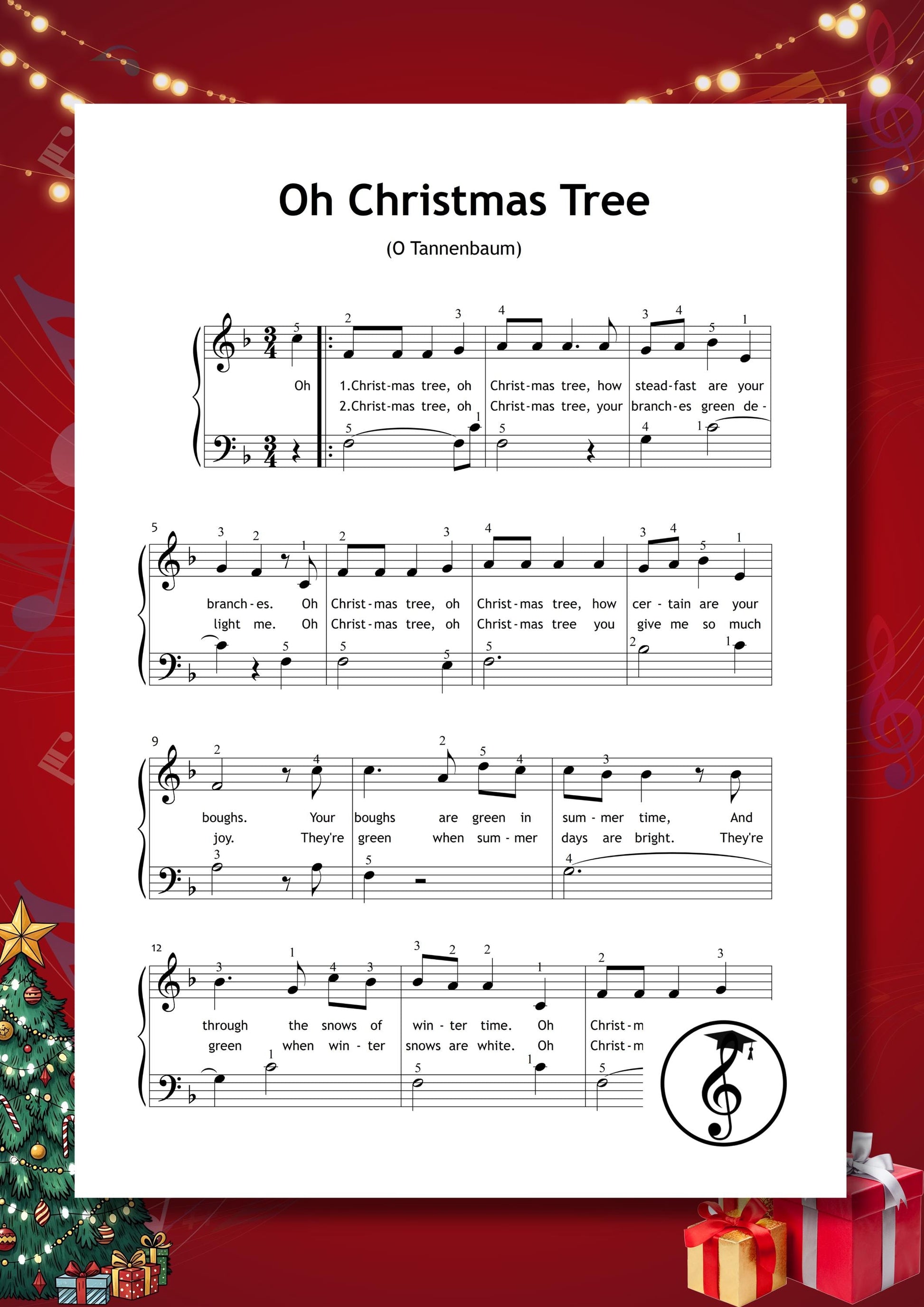 Printable Christmas Piano Album PDF – 30 beginner songs with lyrics and finger numbers: Jingle Bells, Deck the Halls, O Christmas Tree, Silver Bells, We Wish You a Merry Christmas, White Christmas, The First Noel, O Holy Night, Carol of the Bells, and Joy to the World. Great for lessons, recitals, and festive piano gifts, beginner sheet music download.