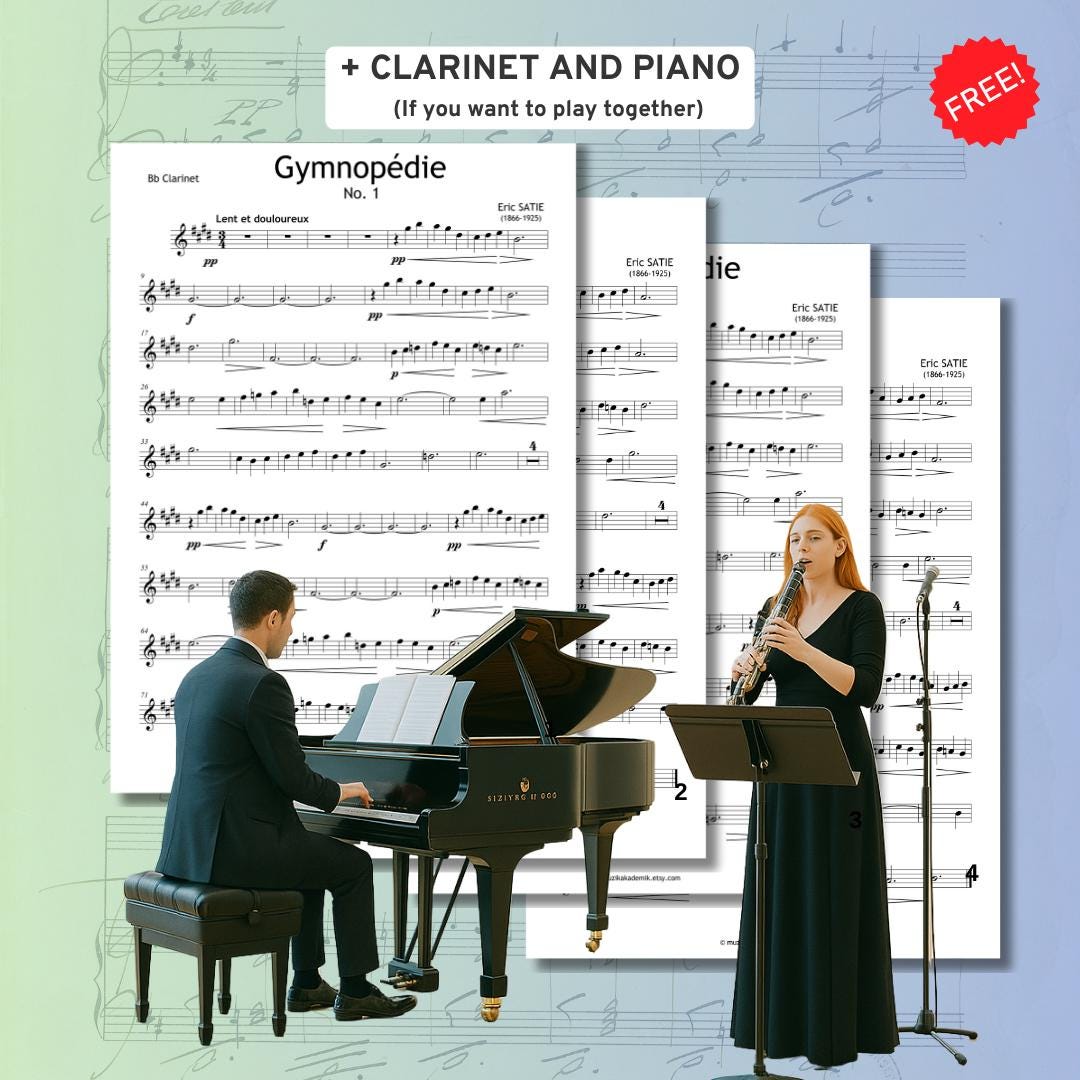 Gymnopédie No. 1 by Erik Satie, Intermediate Piano Sheet Music PDF (Grade 4–5) 4 Versions + MP3, Video, Violin, Flute, Clarinet, Saxophone, All notes in this edition are faithfully transcribed from the composer’s autograph manuscript of Gymnopédie No.1. piano sheet music, easy piano sheets, french piano music, simlple piano notes, easy piano